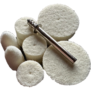 Polerskiver af filt 25 X 6 mm - 13X +6 mm.  spids 2 stk. og 1 skaft.