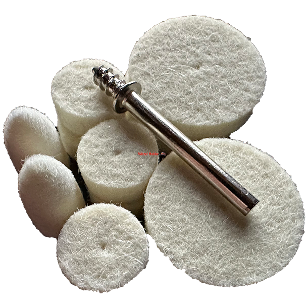 Polerskiver af filt 25 X 6 mm - 13X +6 mm.  spids 2 stk. og 1 skaft.