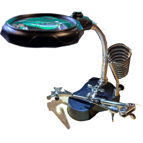 Hj�lpende h�nd med lup, lys og loddekolbeholder  